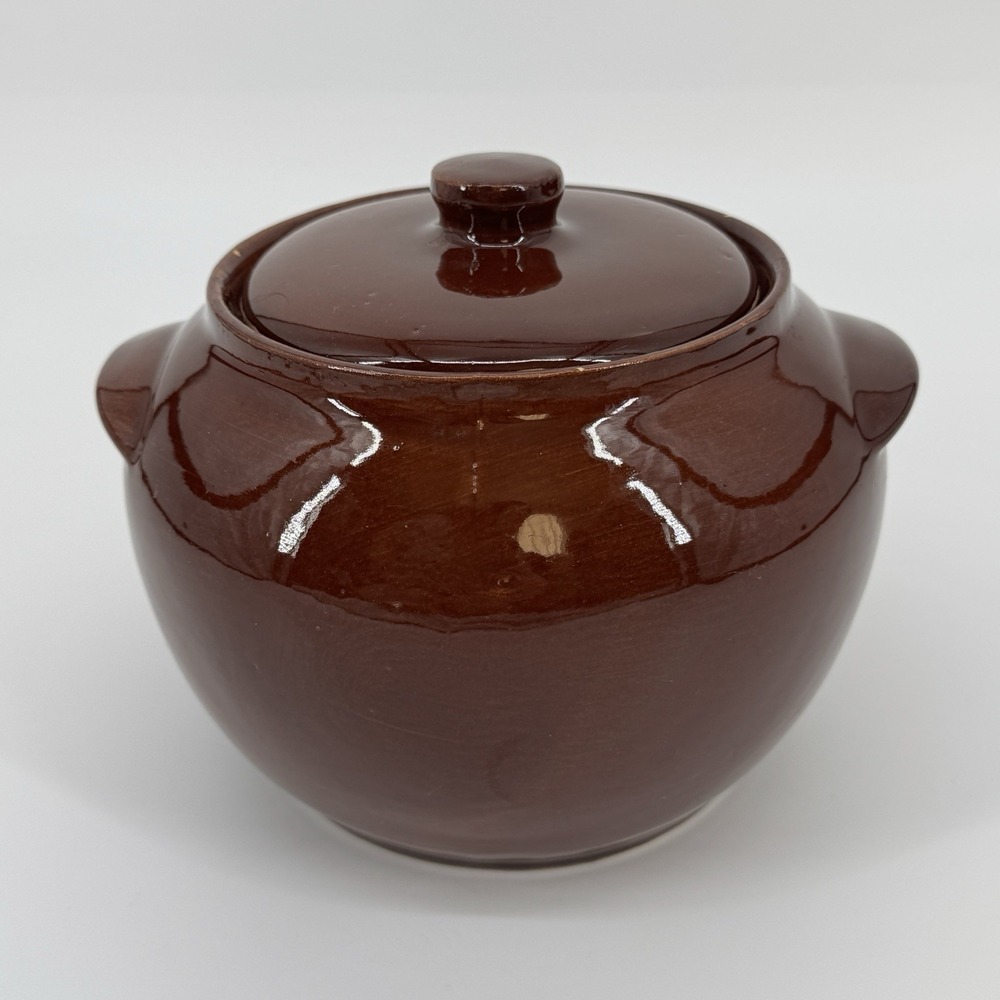 Vintage Watt #76 USA Brown Glazed Stoneware Bean Pot Lidded Crock 2 Handle